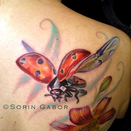 Sorin Gabor - Realistic color flower and ladybug tattoo-ladybug detail